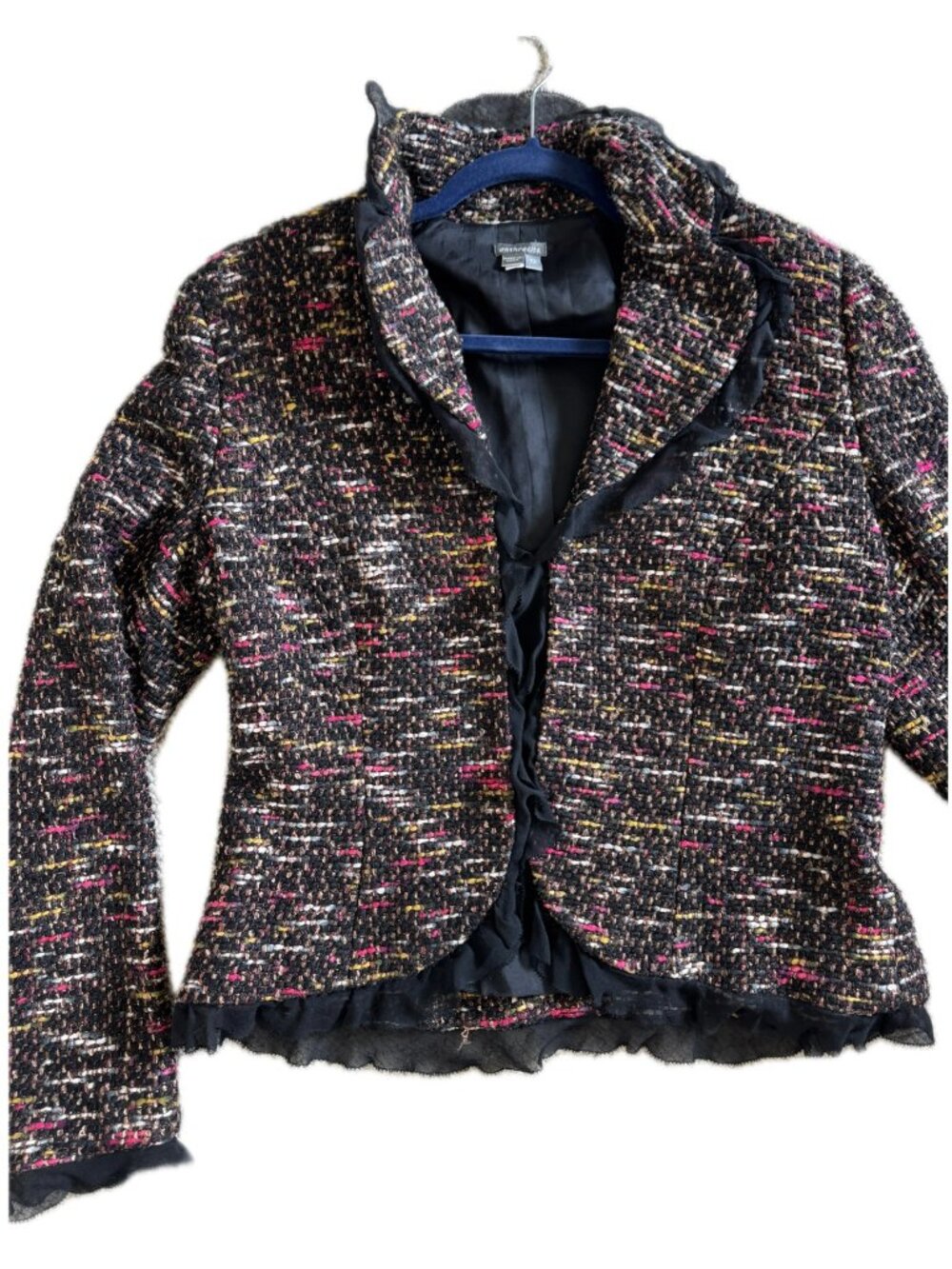 Anthracite Silk Blazer Black (Pink, White, Gold) Tweed Sheer Ruffle Edge Sz 12